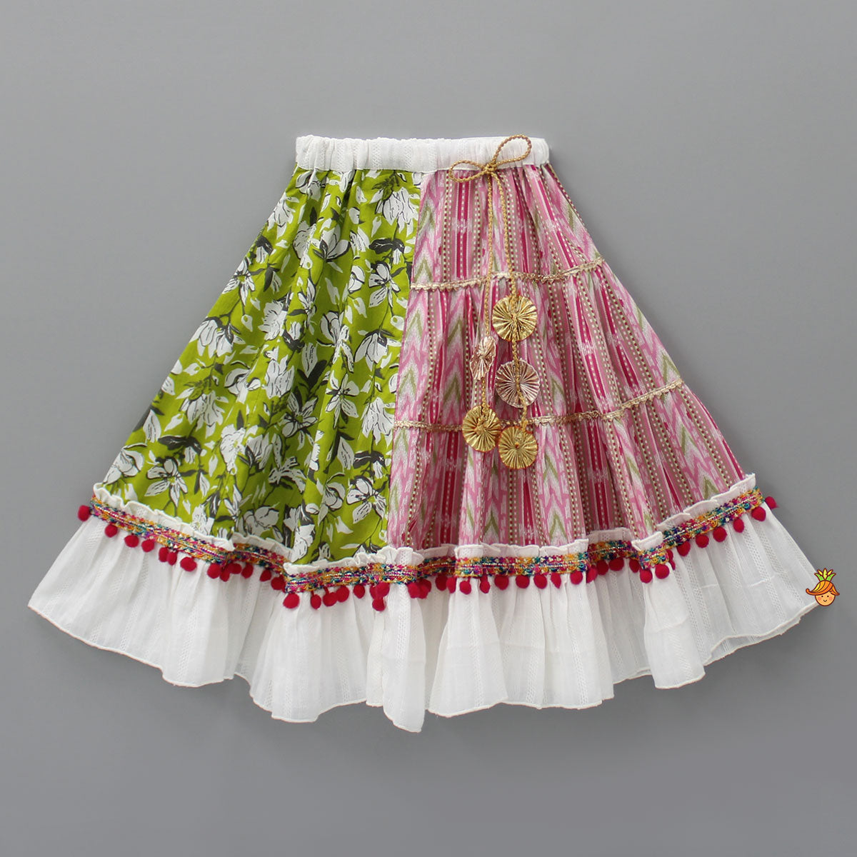 Halter Neck Thread Embroidered Top And Frilly Hem Multicolour Lehenga