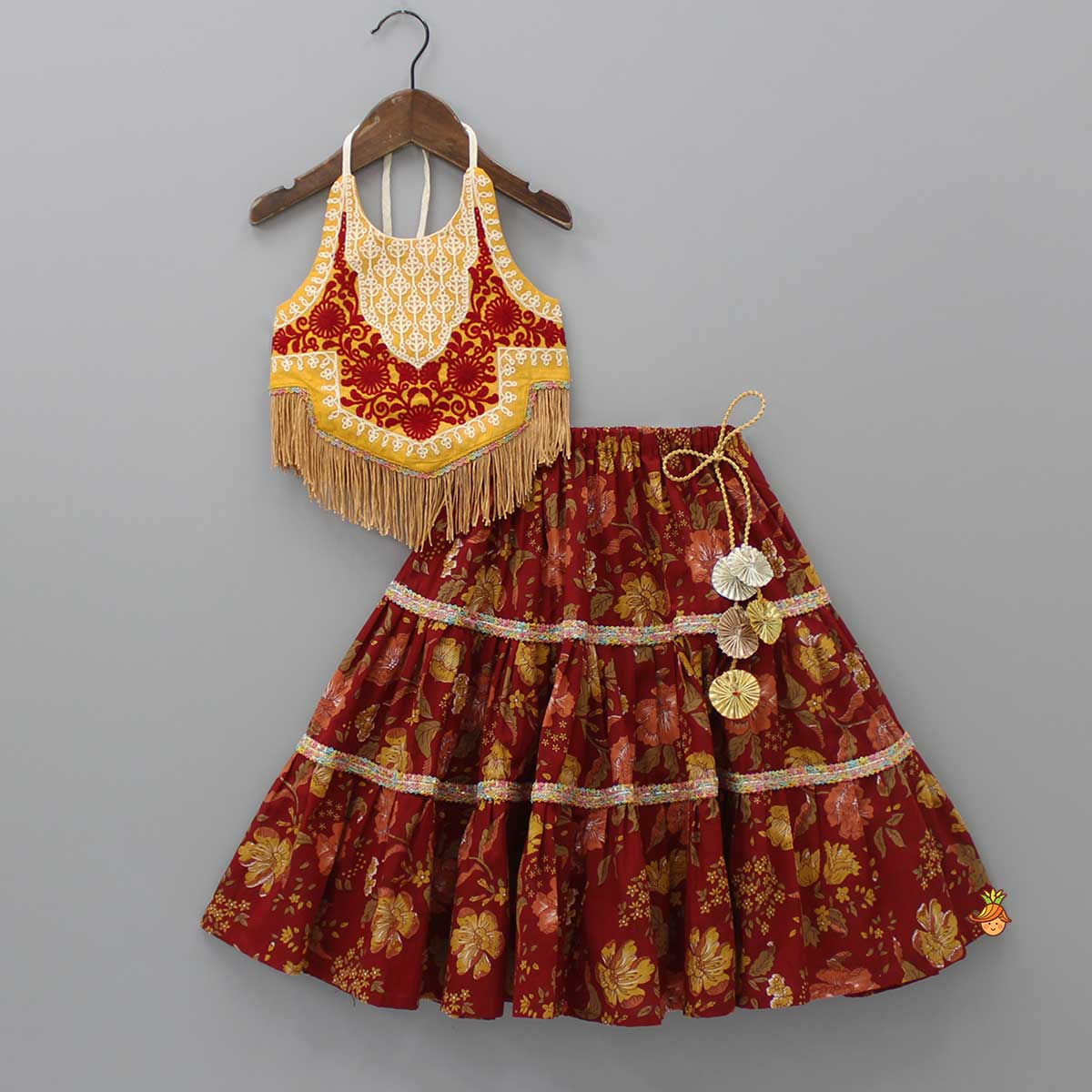 Thread Embrooidered Top And Floral Printed Lehenga