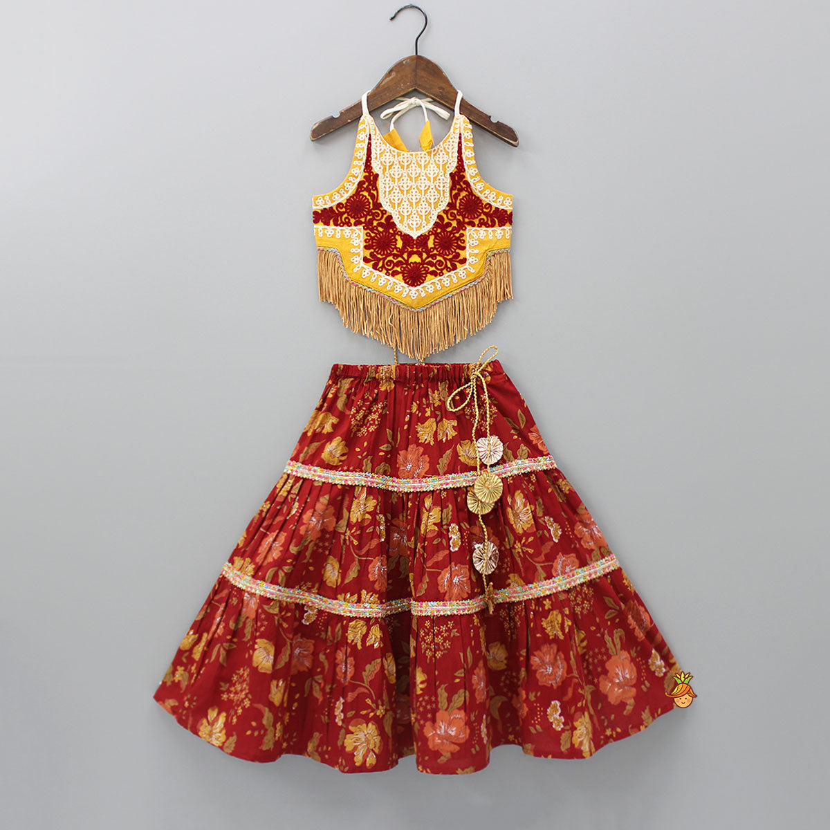 Thread Embrooidered Top And Floral Printed Lehenga