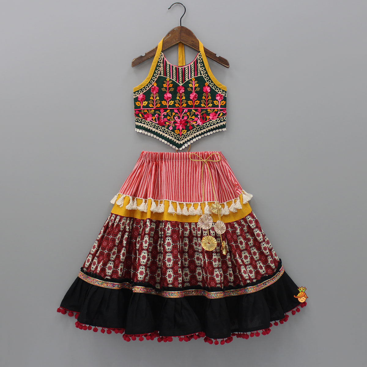 Floral Thread Embroidered Halter Neck Top And Multicolour Lehenga