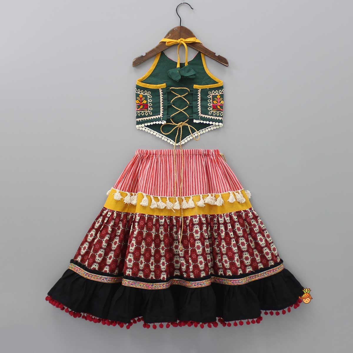 Floral Thread Embroidered Halter Neck Top And Multicolour Lehenga