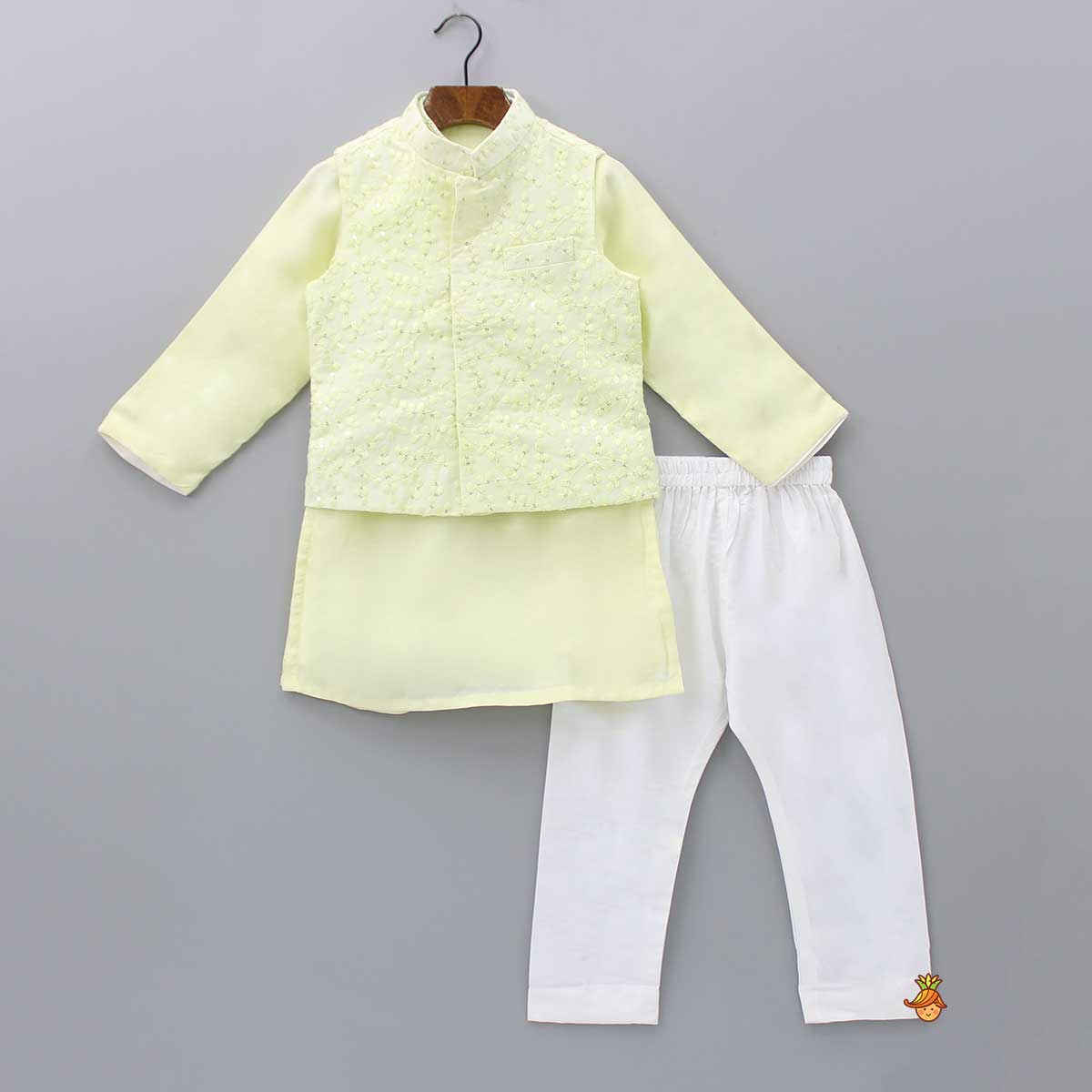Yellow Kurta And Embroidered Jacket With Pyjama