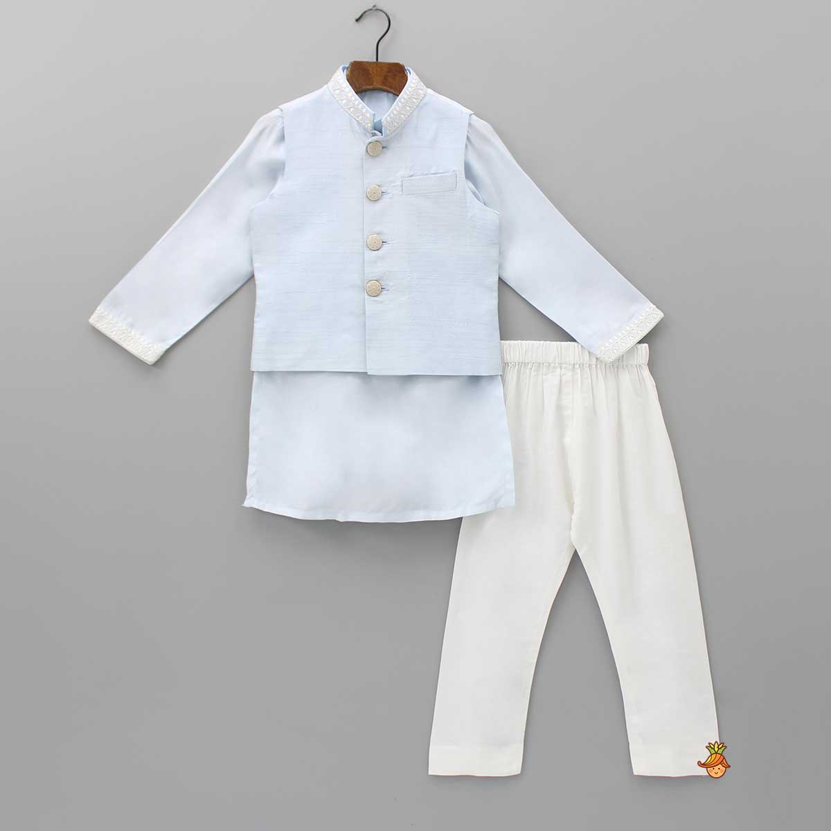 Ethnic Blue Kurta And Matching Jacket With Pyjama