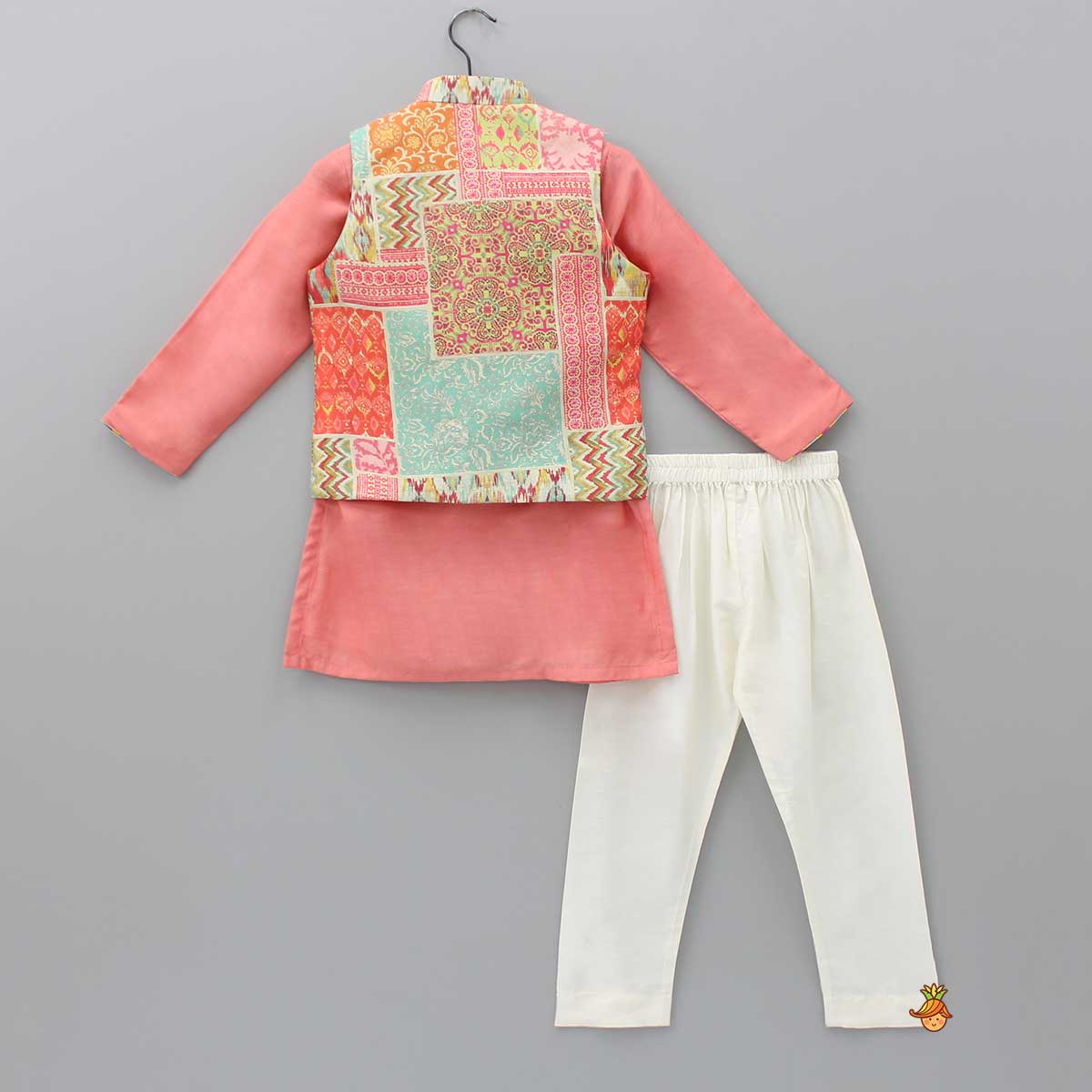 Peach Kurta With Multicolour Jacket And Off-White Pyjama