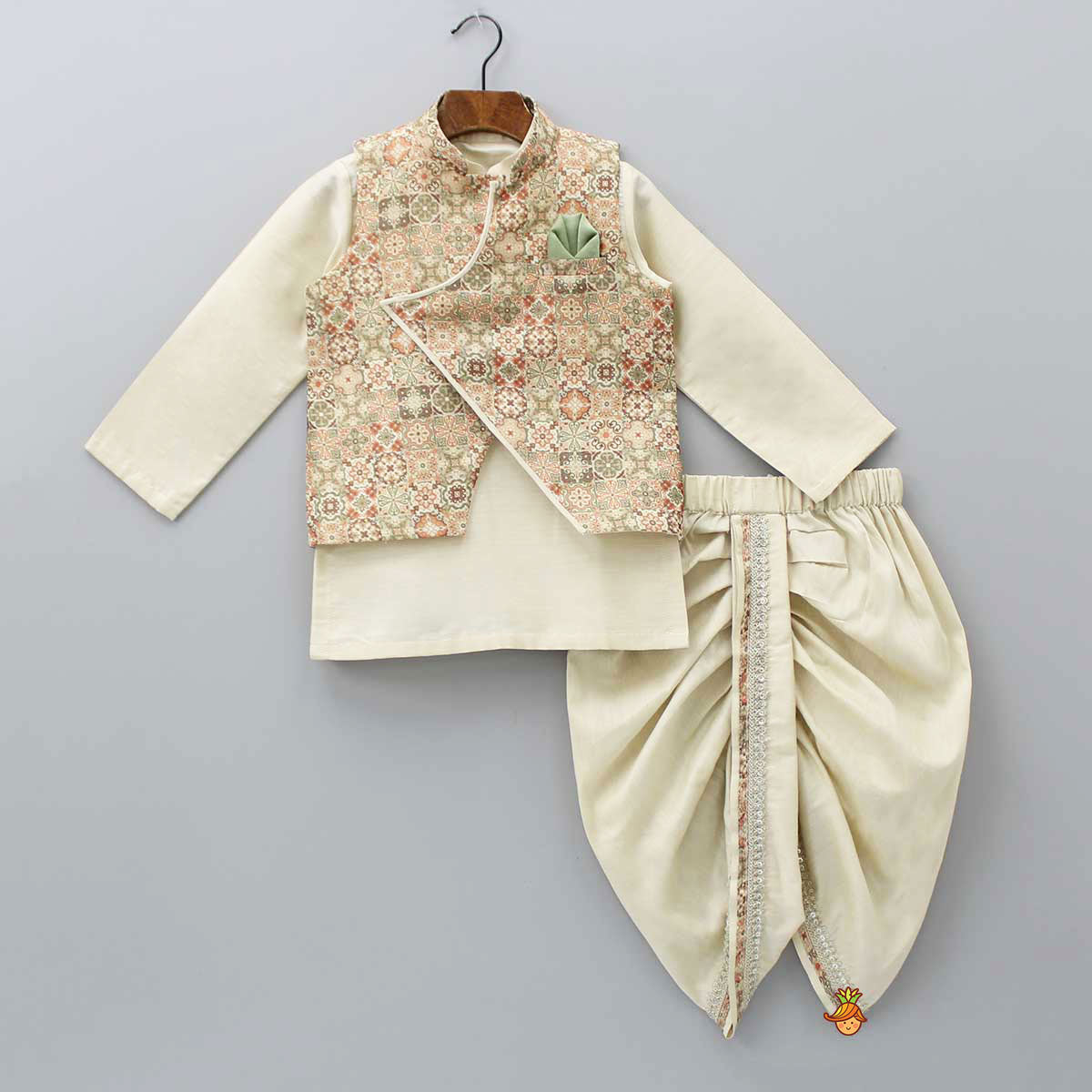 Beige Kurta And Stylish Jacket With Dhoti