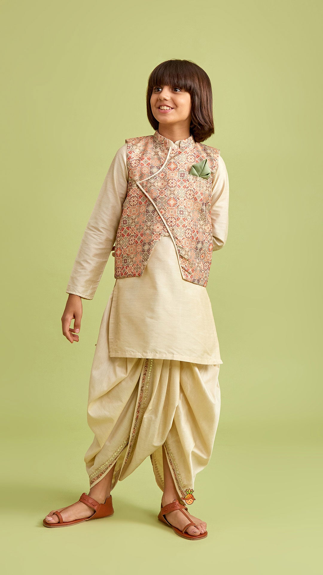 Beige Kurta And Stylish Jacket With Dhoti