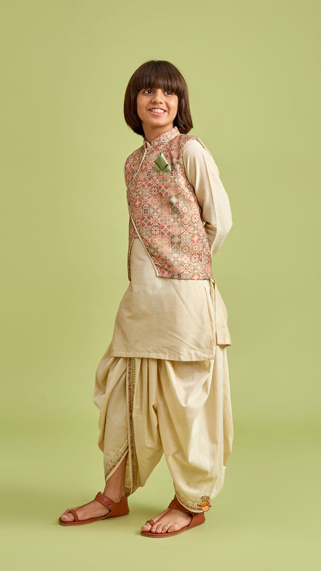 Beige Kurta And Stylish Jacket With Dhoti