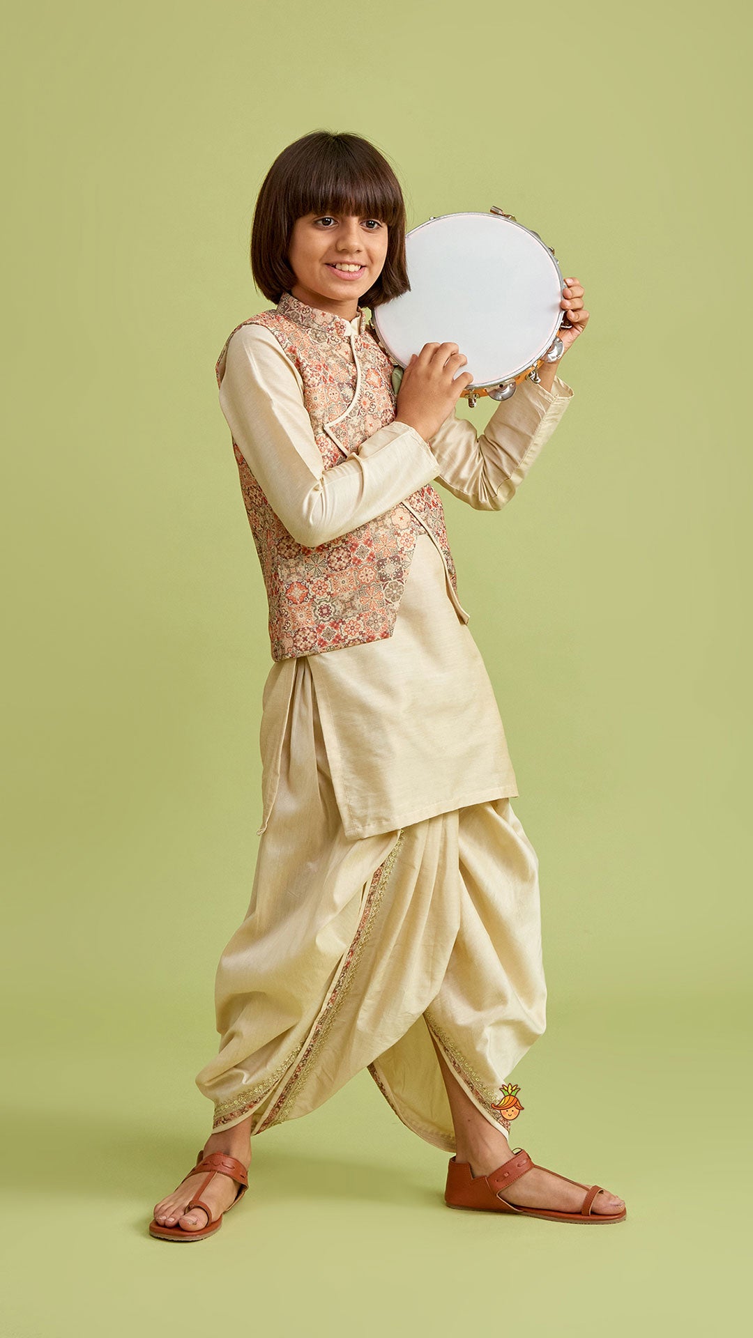 Beige Kurta And Stylish Jacket With Dhoti