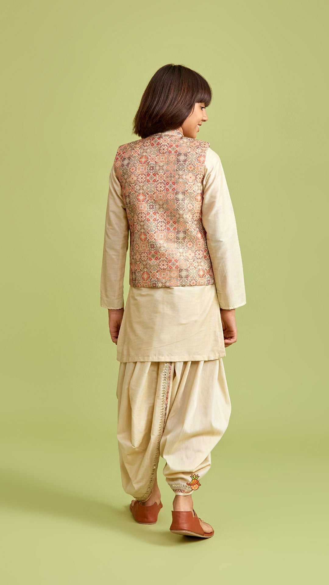 Beige Kurta And Stylish Jacket With Dhoti