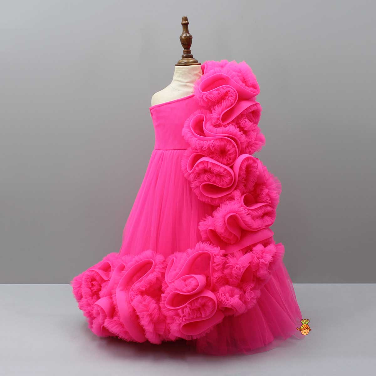 Pink One Shoulder Ruffle Net Gown