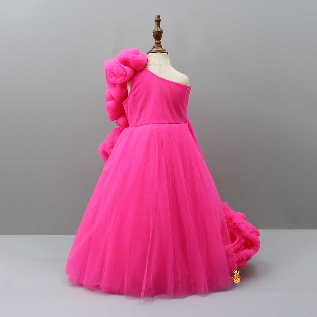 Pink One Shoulder Ruffle Net Gown