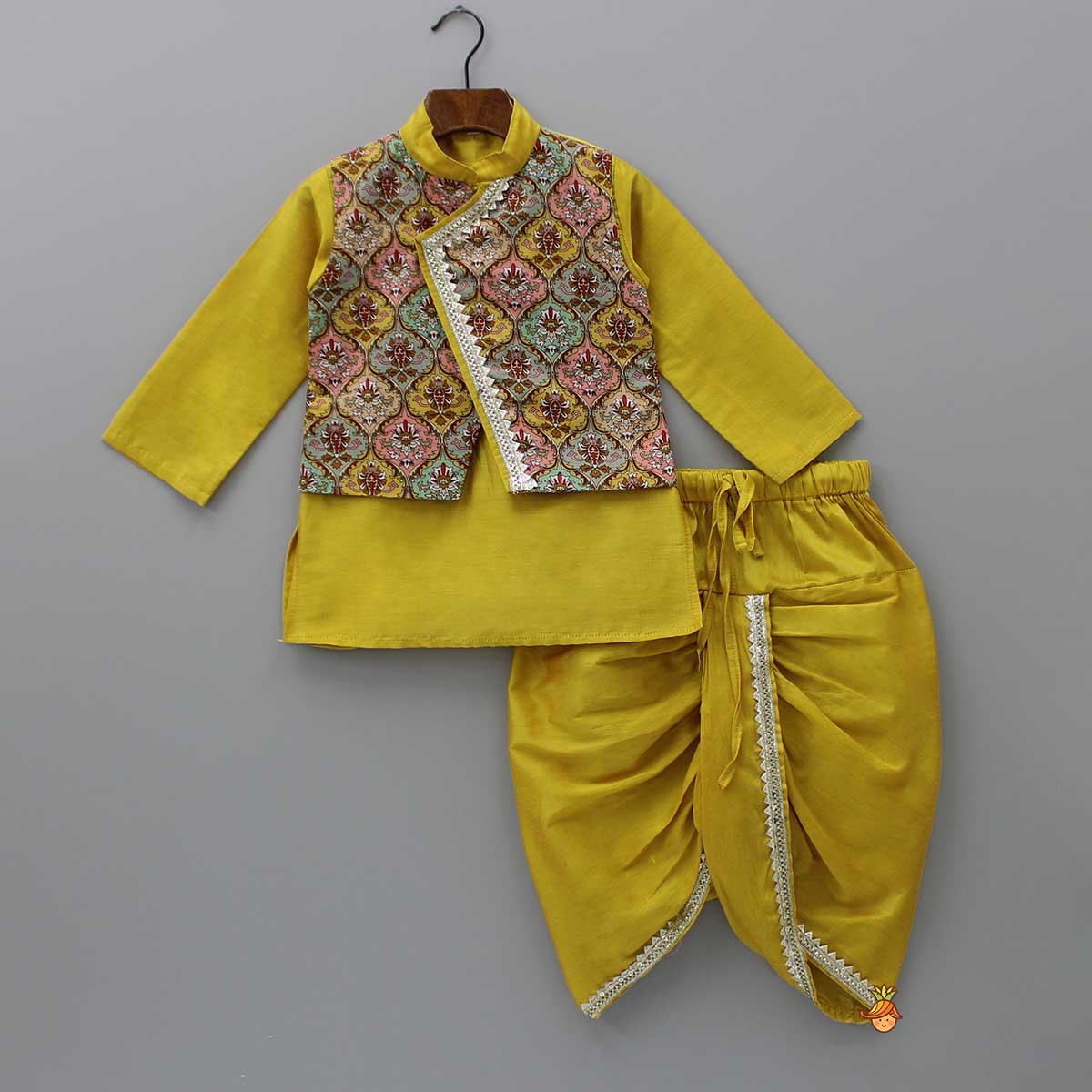 Mustard Kurta With Printed Flap Attached And Dhoti