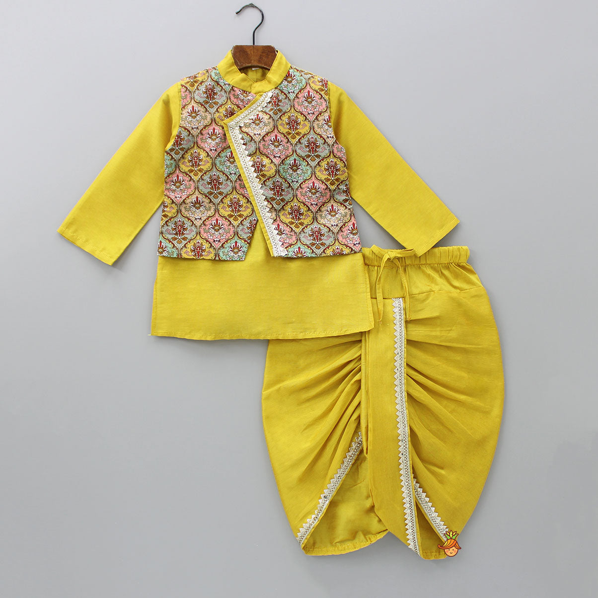 Mustard Kurta With Printed Flap Attached And Dhoti