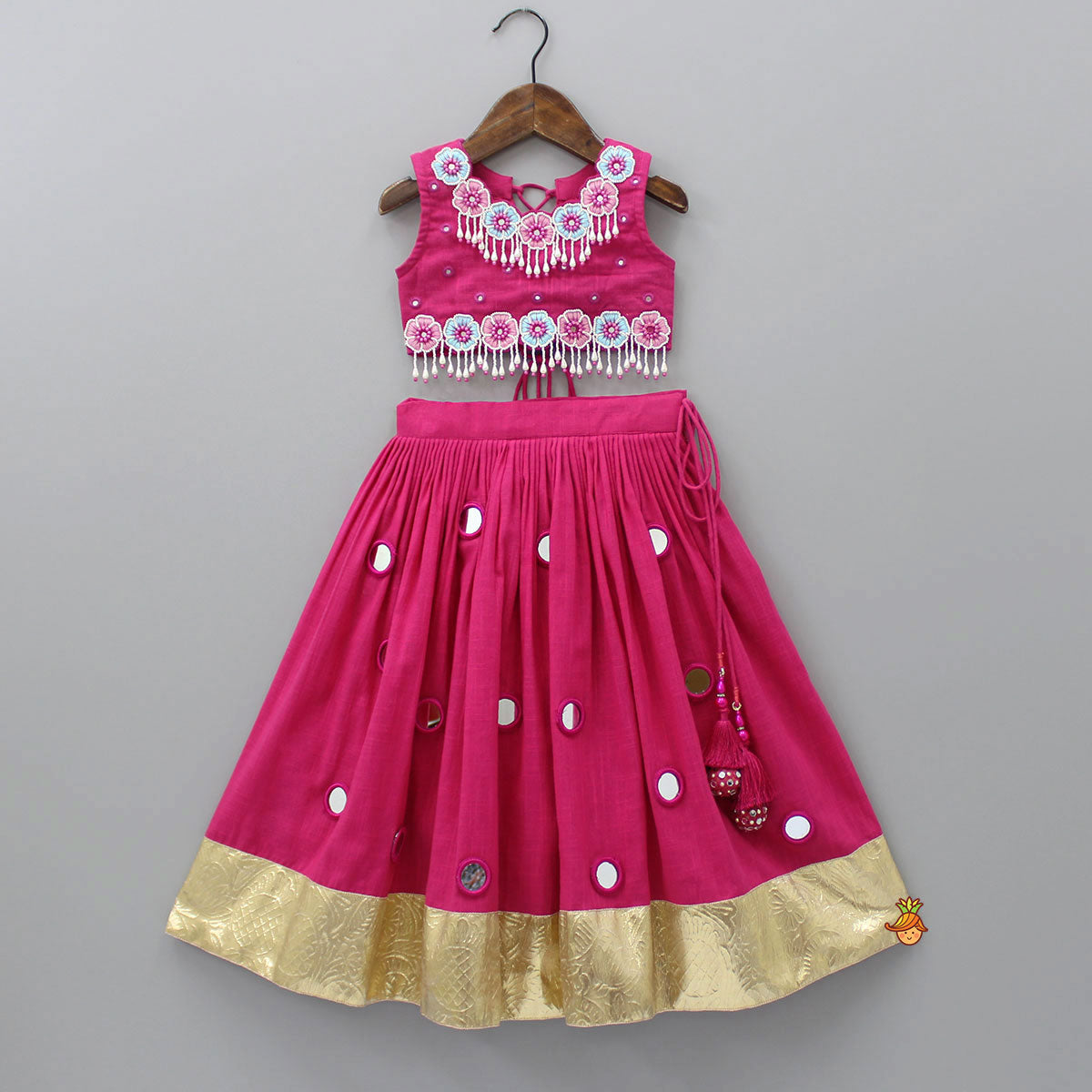 Pink Flowers Hand Embroidered Top With Mirror Work Lehenga