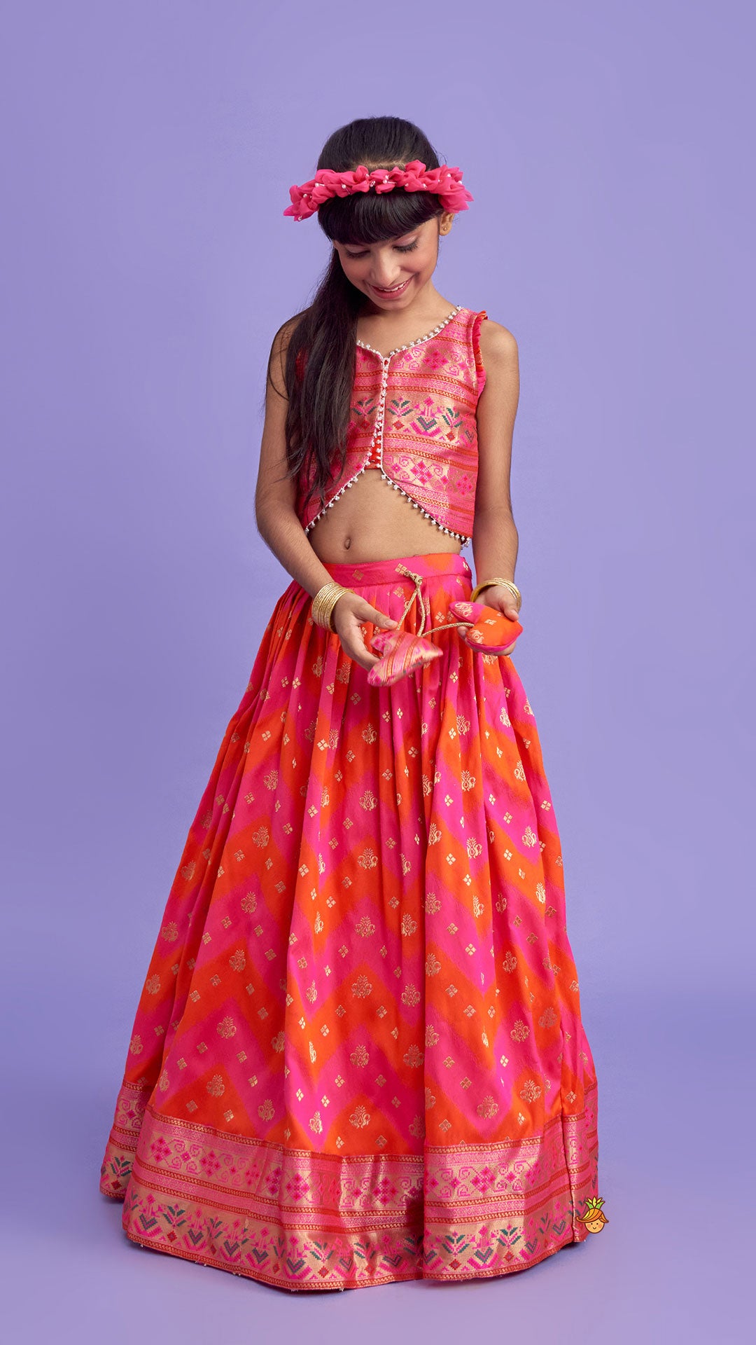 Dual Tone Brocade Embroidered Top And Lehenga