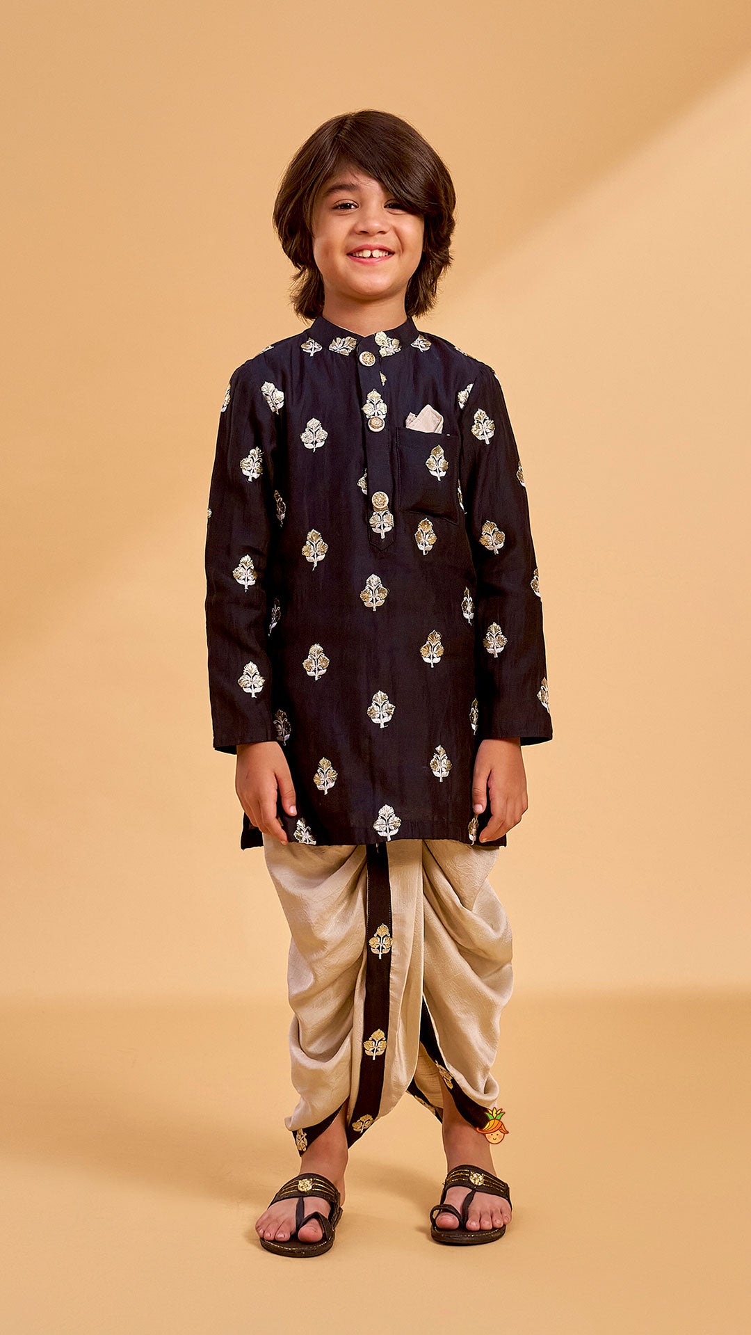 Embroidered Black Kurta And Beige Dhoti