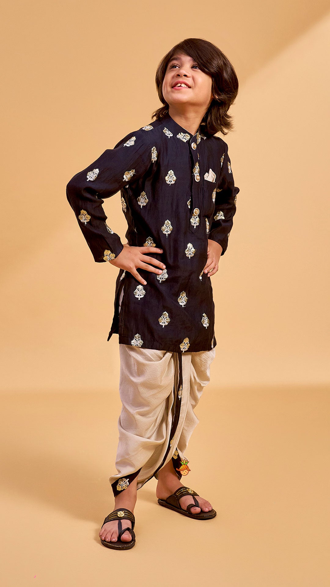 Embroidered Black Kurta And Beige Dhoti