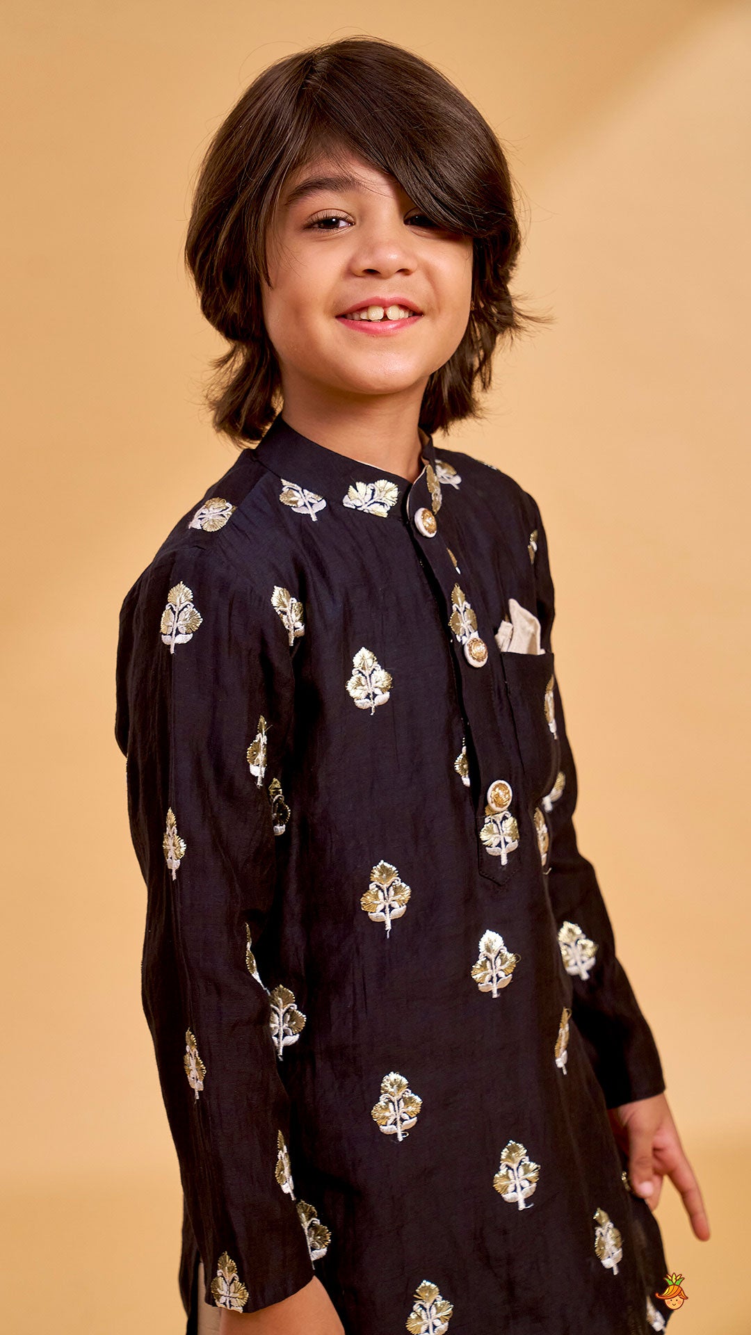 Embroidered Black Kurta And Beige Dhoti