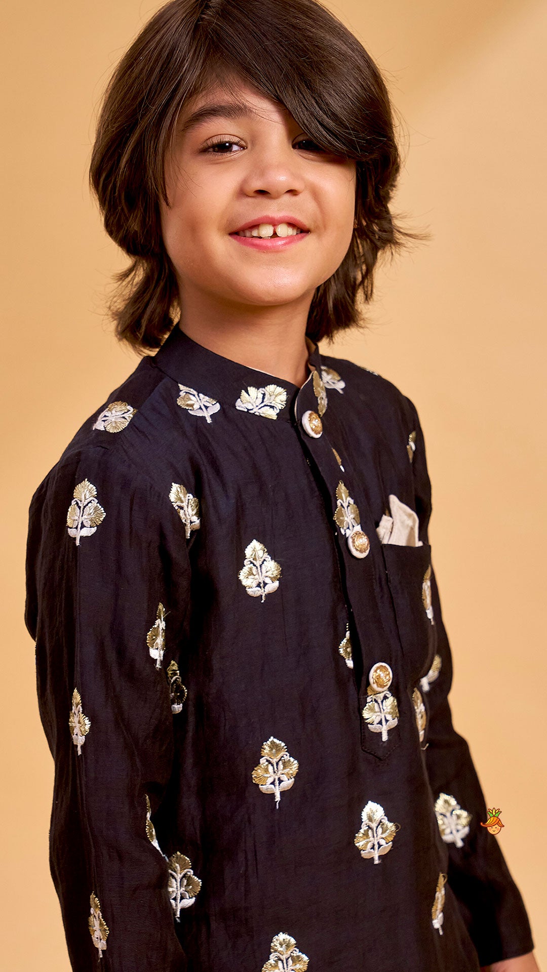 Embroidered Black Kurta And Beige Dhoti