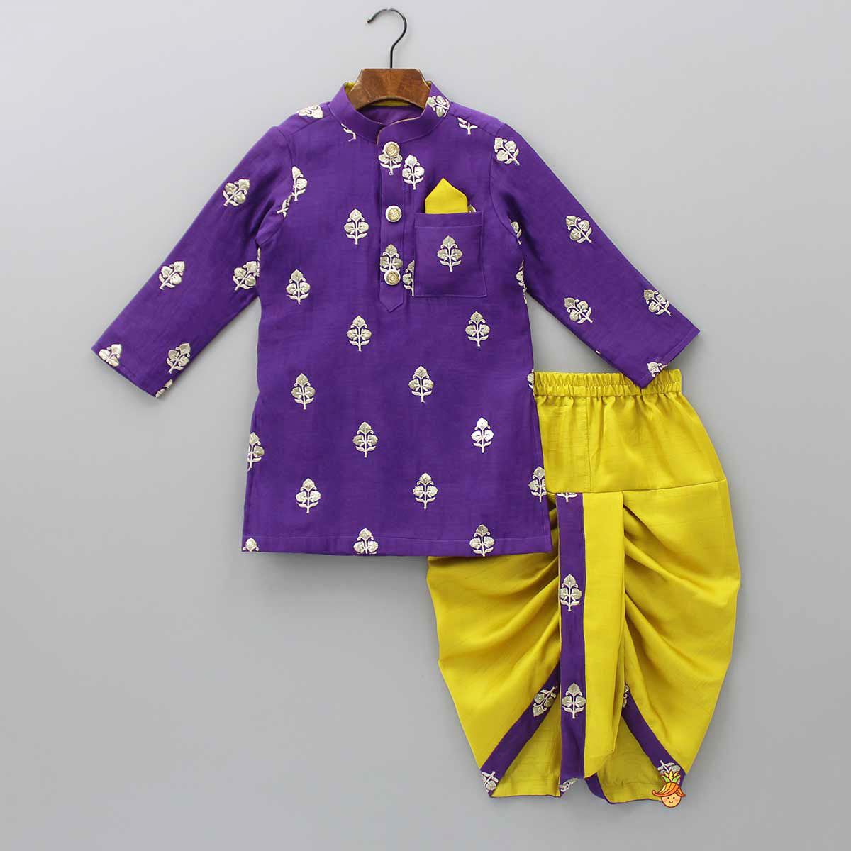 Embroidered Purple Kurta And Mustard Dhoti