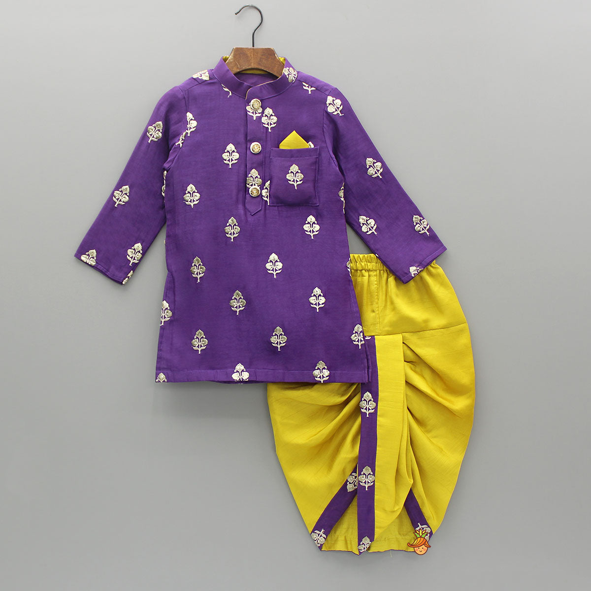 Embroidered Purple Kurta And Mustard Dhoti