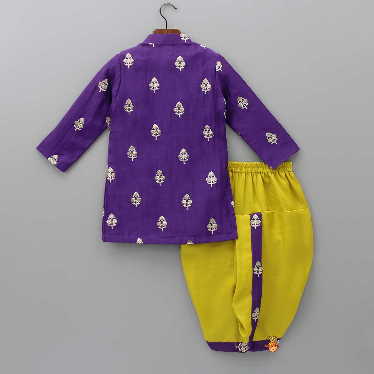 Embroidered Purple Kurta And Mustard Dhoti