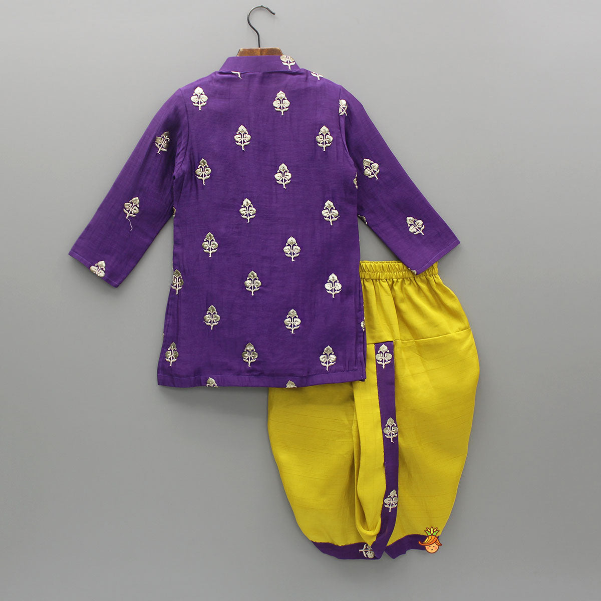 Embroidered Purple Kurta And Mustard Dhoti