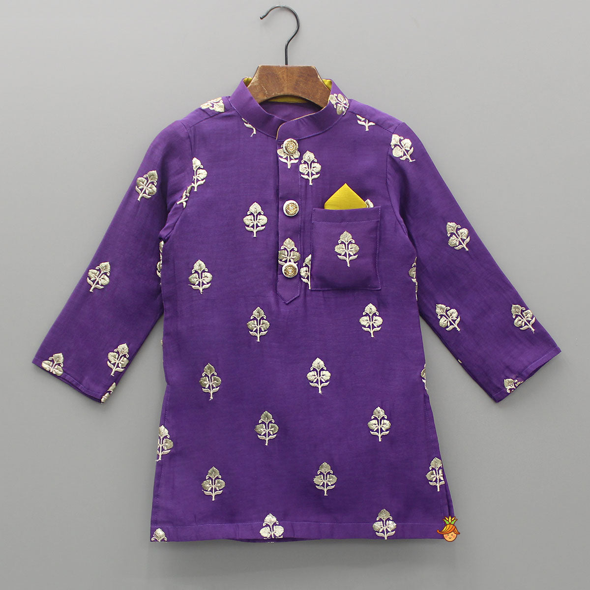 Embroidered Purple Kurta And Mustard Dhoti