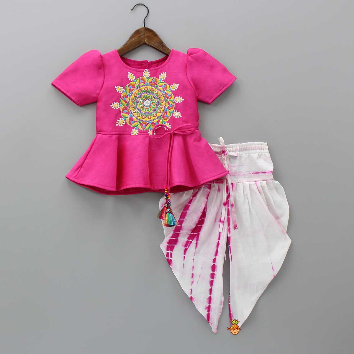 Embroidered Top With Tie And Dye Dhoti