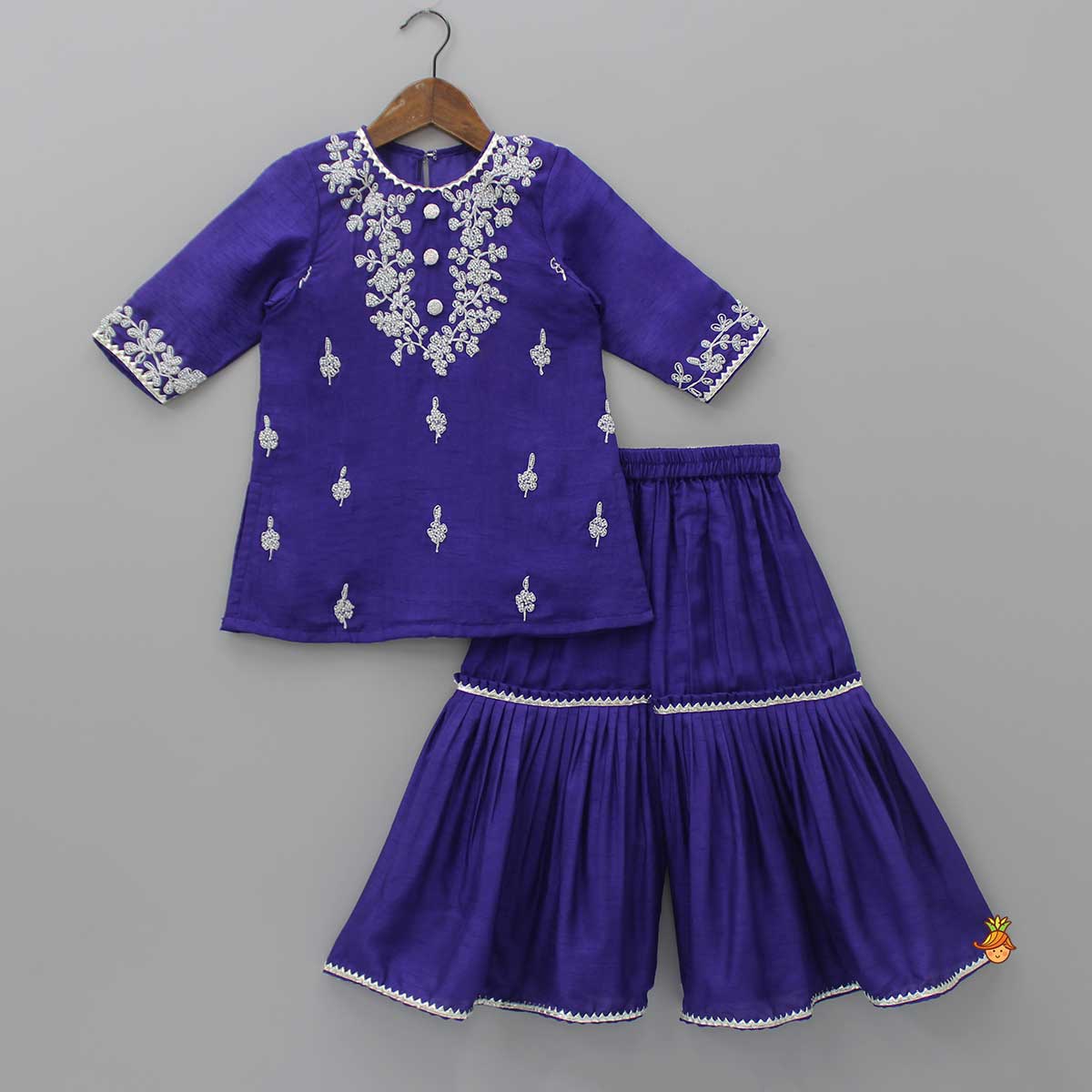 Embroidered Purple Kurti With Pleated Sharara