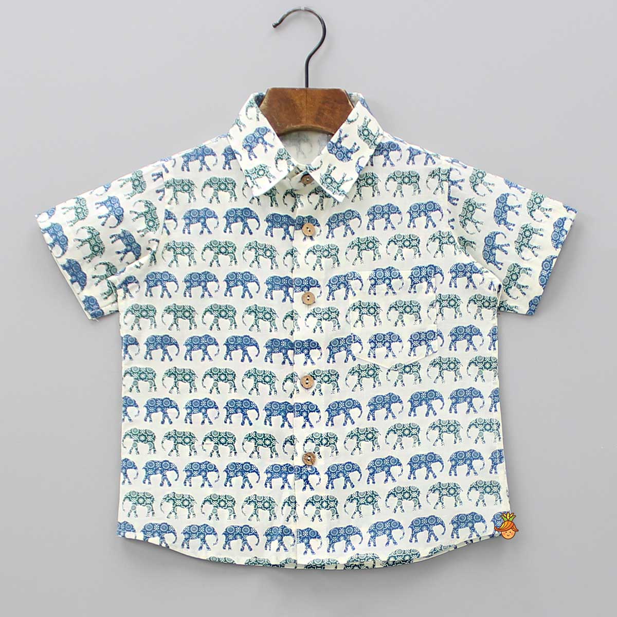 Elephant Printed Patch Pocket Detail Multicolour Shirt