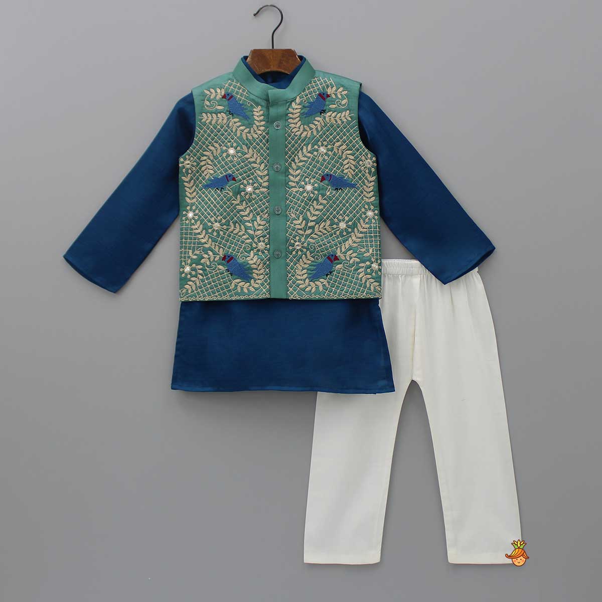 Blue Kurta With Bird Embroidered Green Jacket And Pyjama
