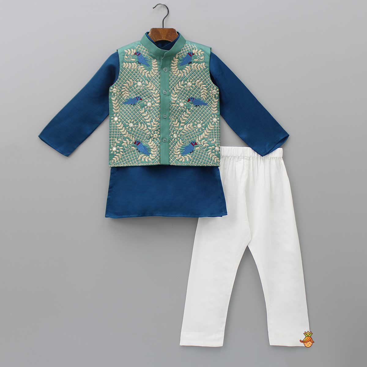 Blue Kurta With Bird Embroidered Green Jacket And Pyjama