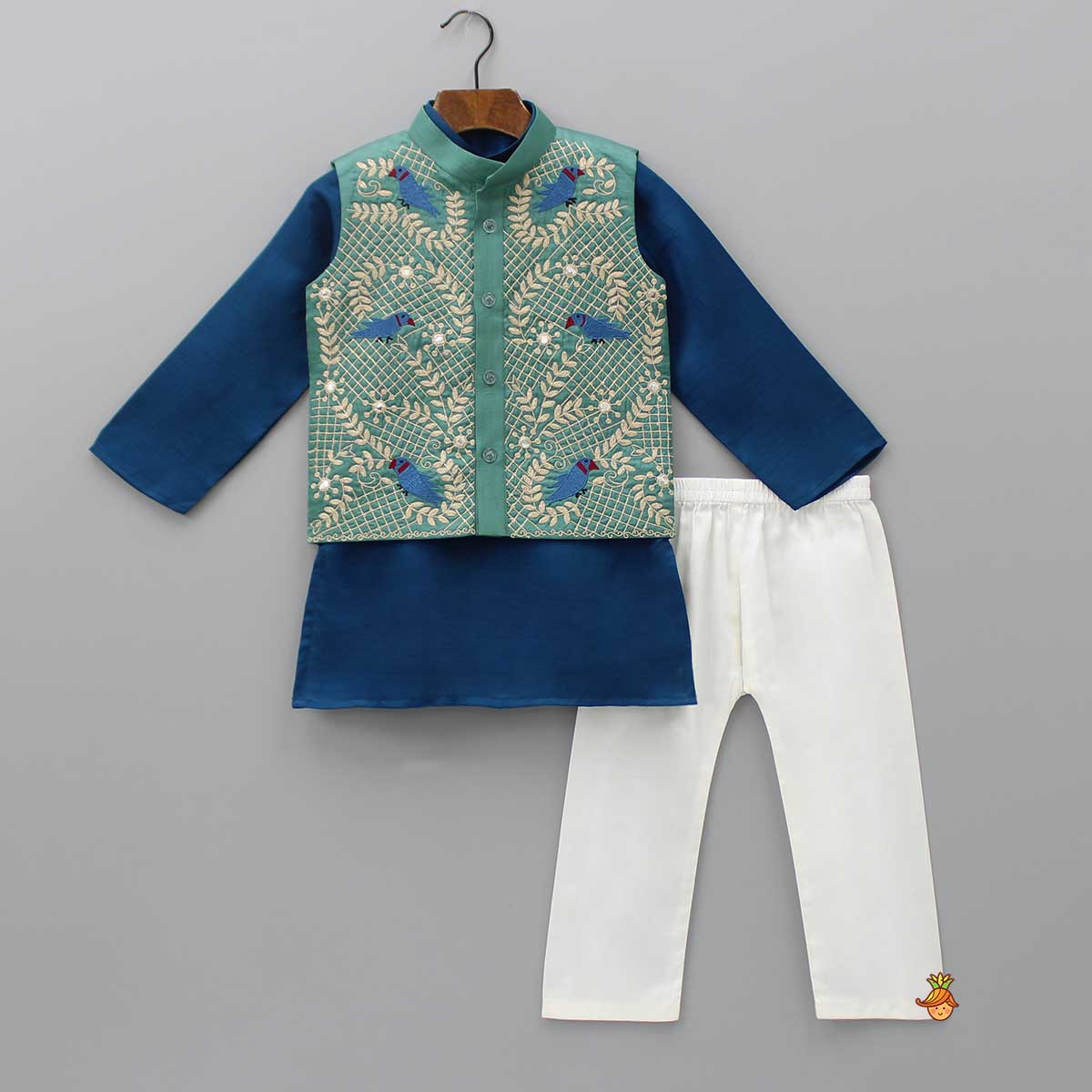 Blue Kurta With Bird Embroidered Green Jacket And Pyjama