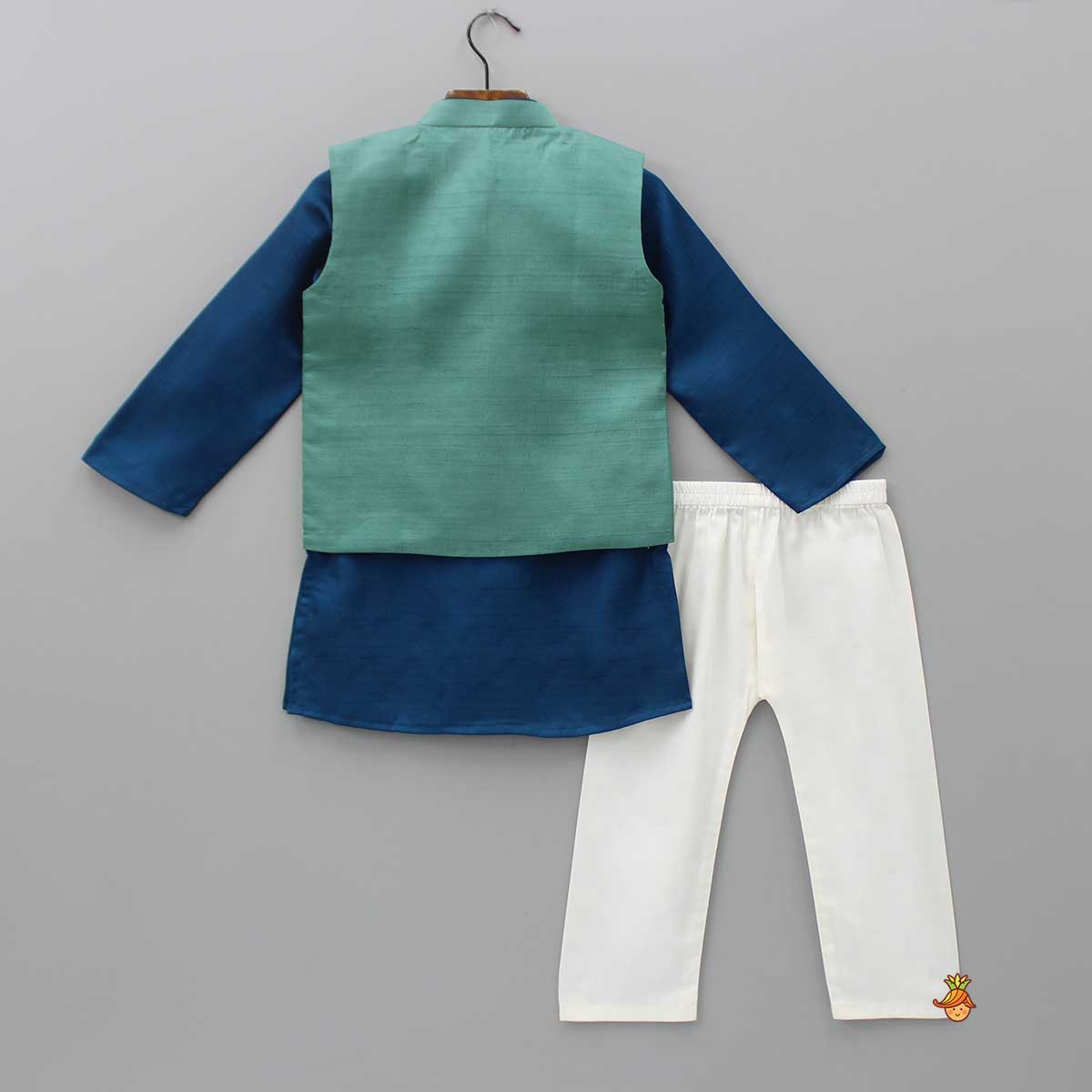 Blue Kurta With Bird Embroidered Green Jacket And Pyjama