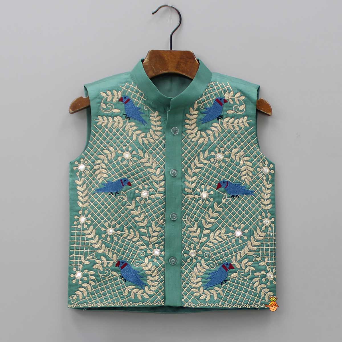 Blue Kurta With Bird Embroidered Green Jacket And Pyjama