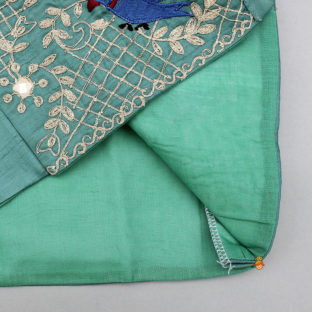 Blue Kurta With Bird Embroidered Green Jacket And Pyjama