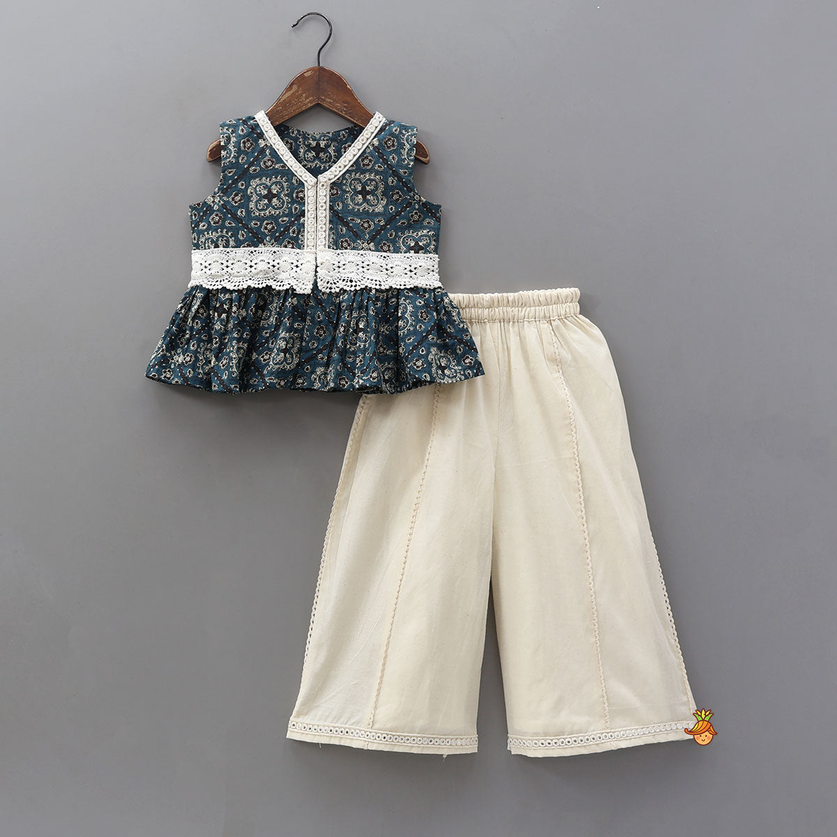 Lace Work Printed Top And Flared Palazzo