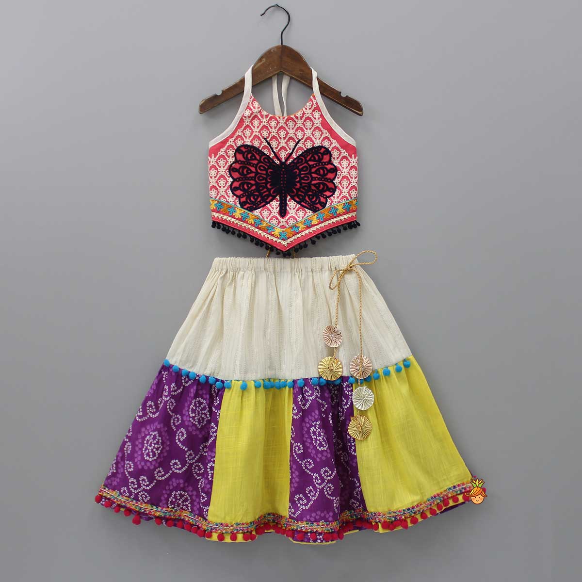 Butterfly Thread Embroidered Top And Multicolour Lehenga