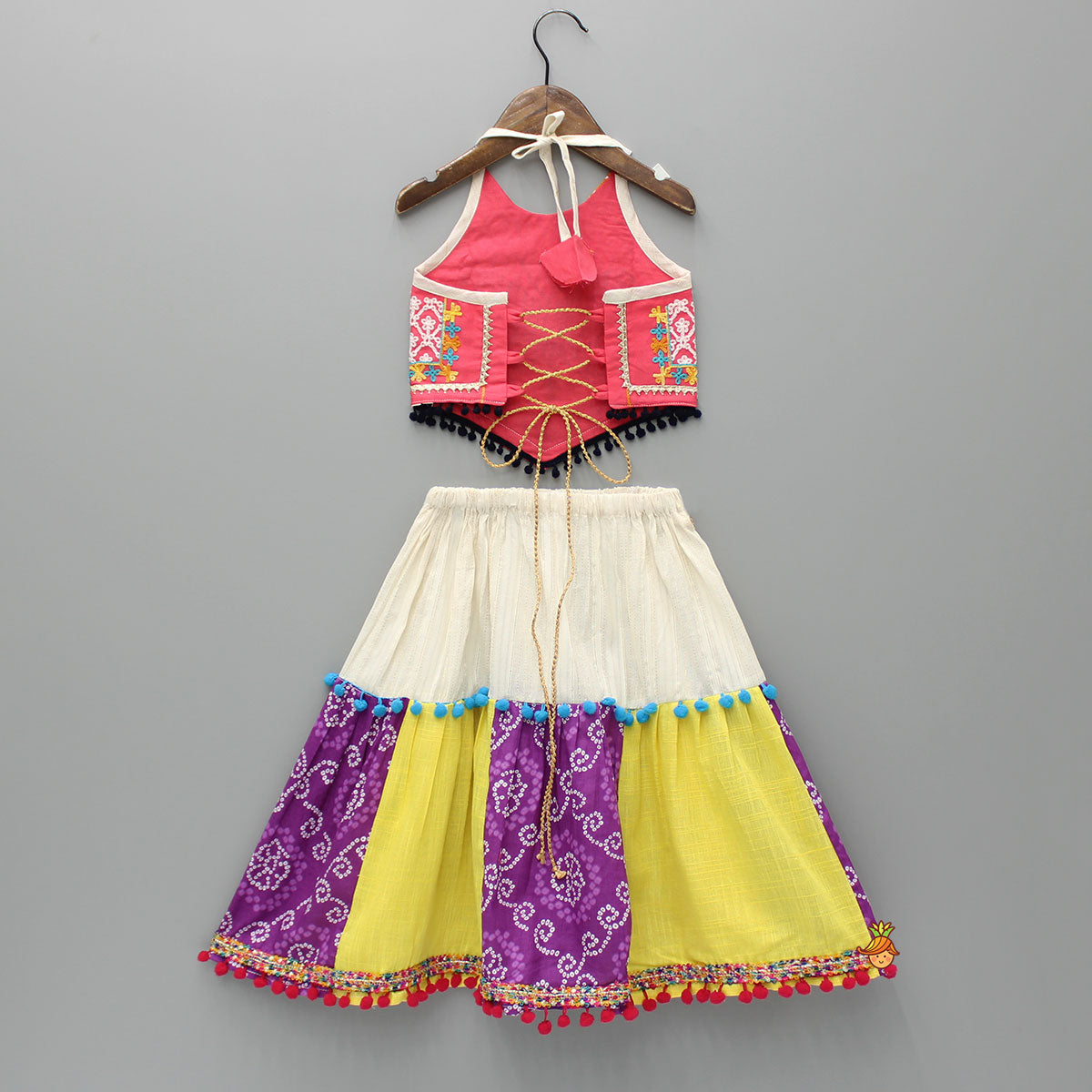 Butterfly Thread Embroidered Top And Multicolour Lehenga