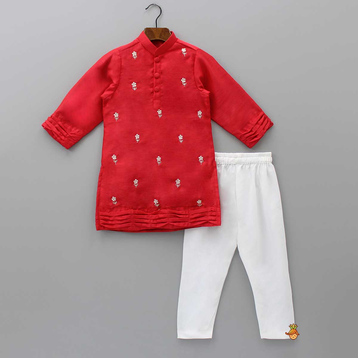 Chanderi Silk Red Kurta And Off White Pyjama