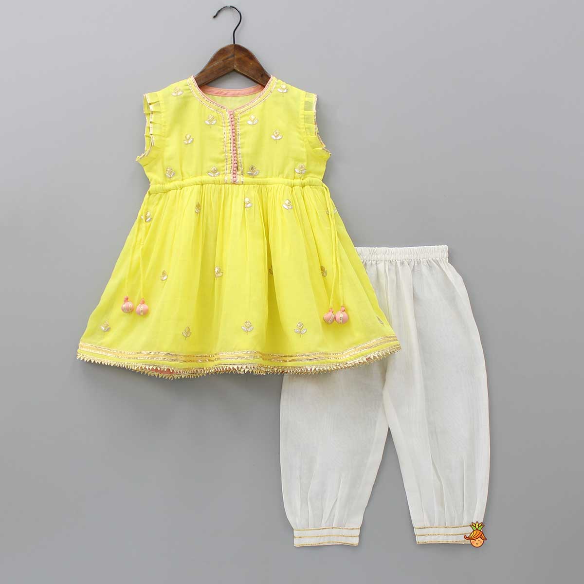 Emboidered Gota Lace Detail Yellow Kurti And Pant