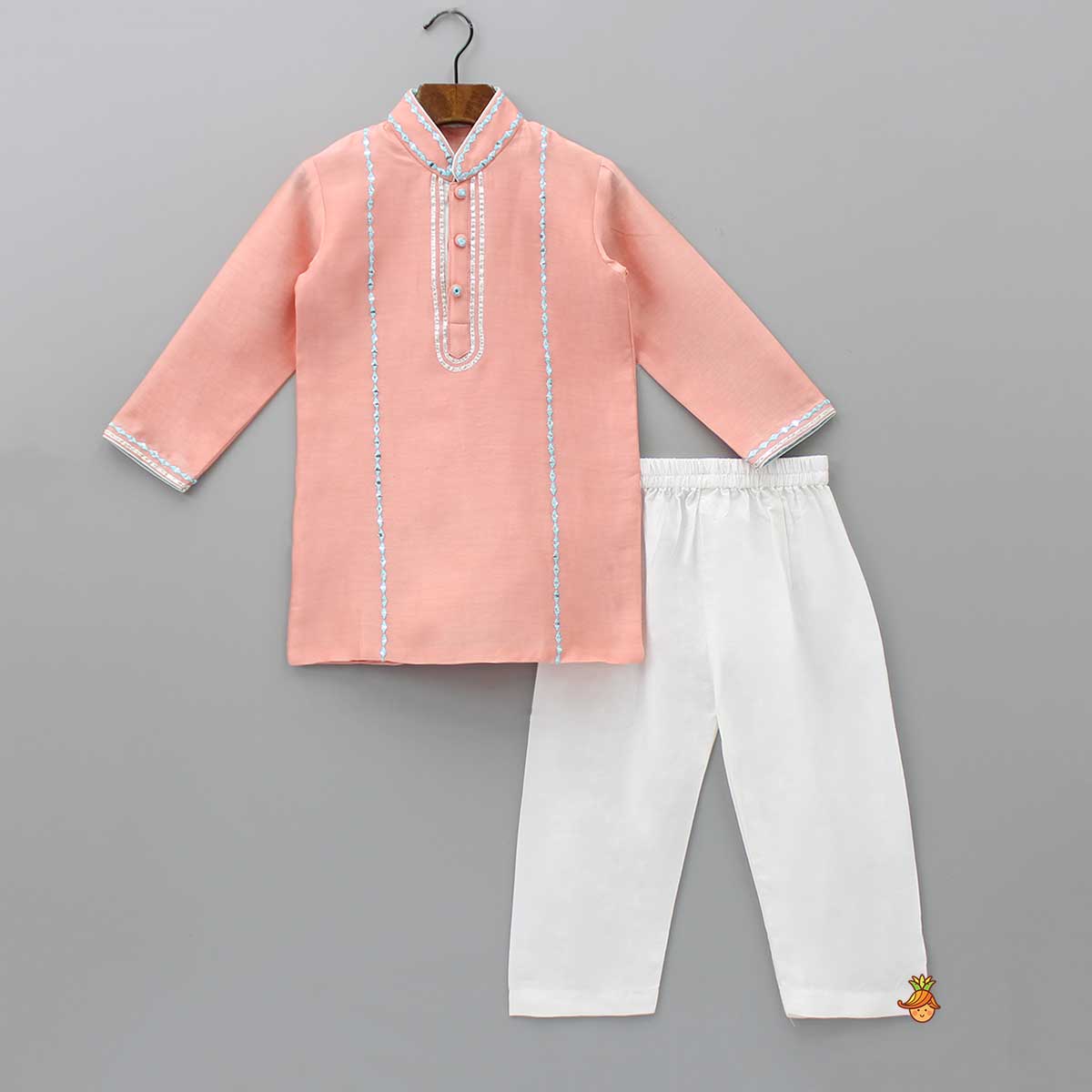 Fuax Mirror And Gota Lace Detail Peach Kurta And Pyjama