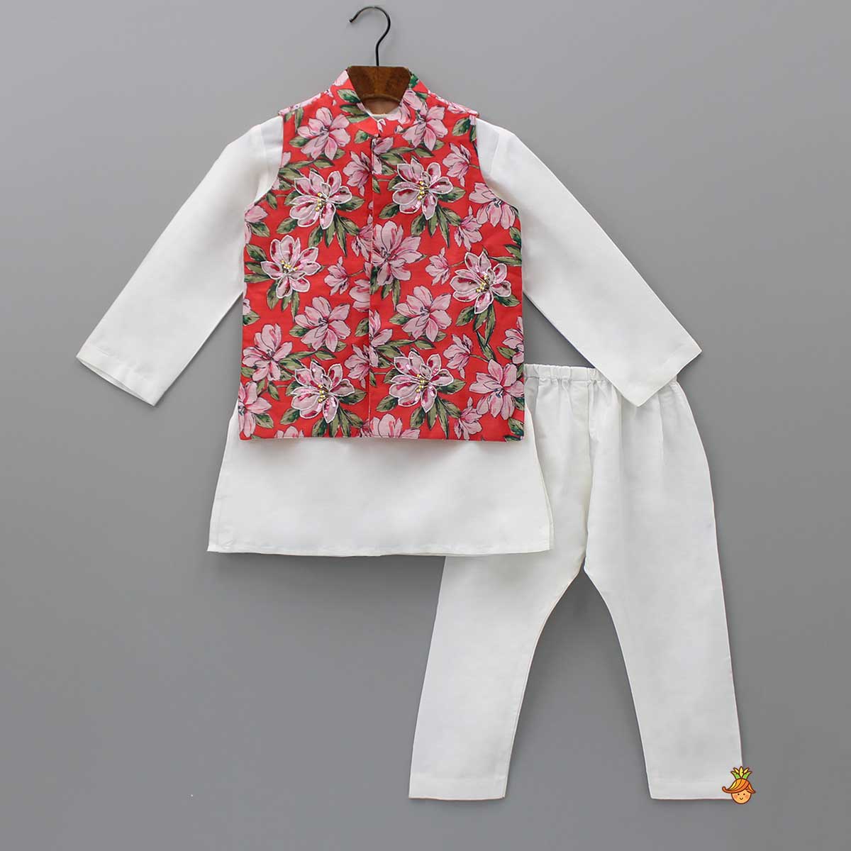 Floral Printed Jacket With Flower Embroidery  Off White Kurta And Pyjama