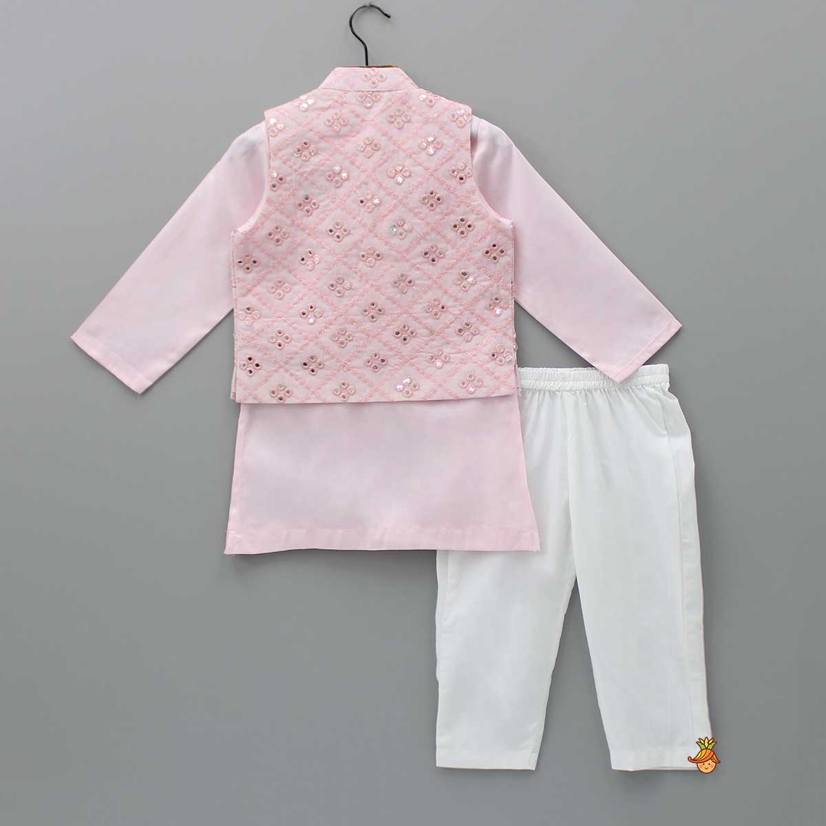 Pink Kurta With Faux Mirror Embroidered Jacket And Pyjama