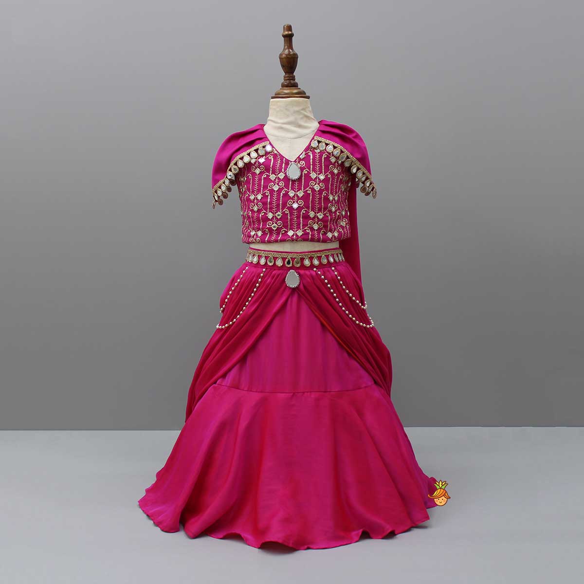 Pink Shoulder Flaps With Faux Mirror Work Top And Lehenga