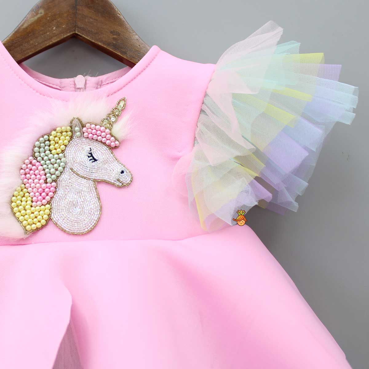 Pink Dress With Multicolour Net and Unicorn Beaded Brooch