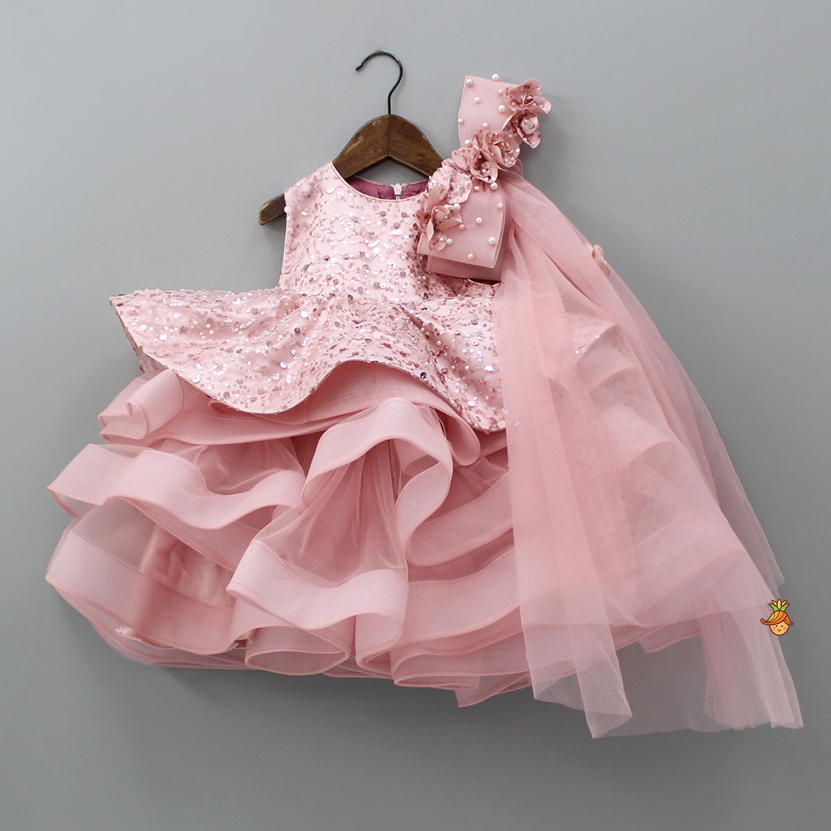 Peach Sequin Dress Adorned With Matching Bows And Flowers Embellishment