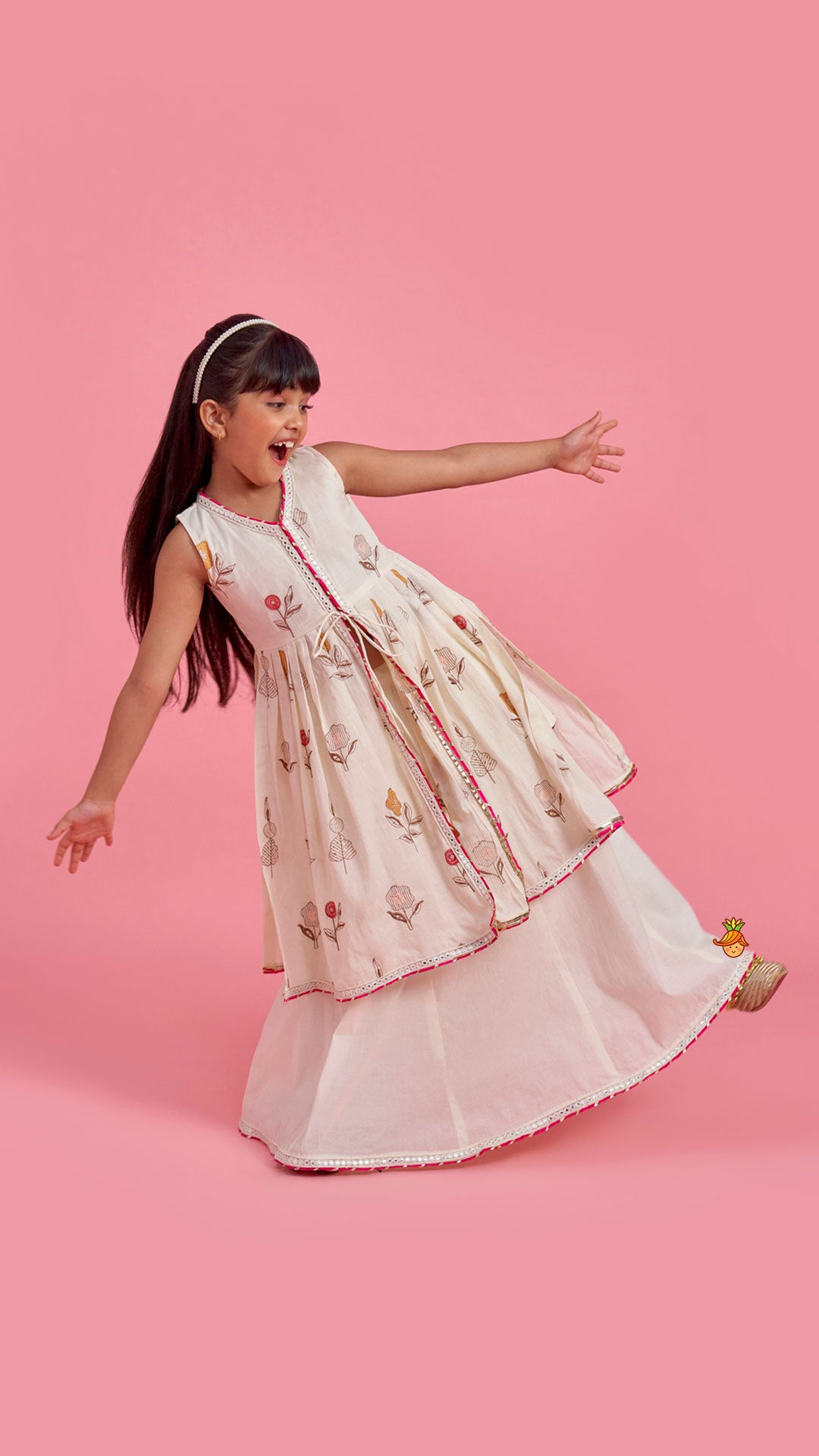 Floral Embroidered Front Open Tie Up Pleated Kurti With Lehenga