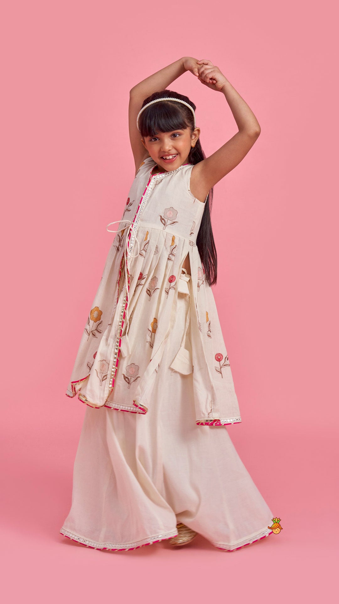 Floral Embroidered Front Open Tie Up Pleated Kurti With Lehenga